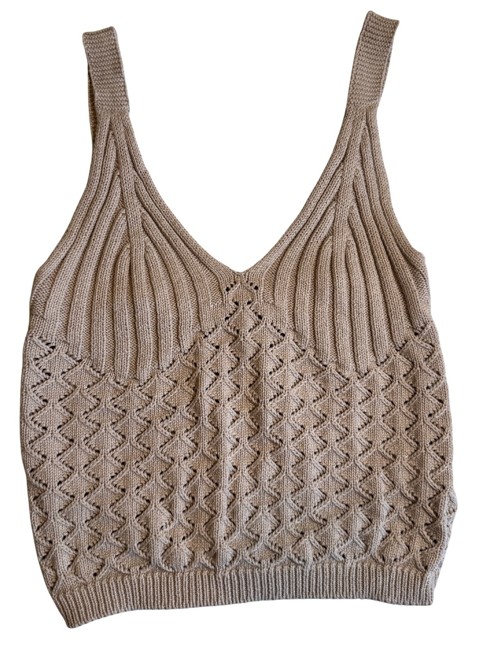 Streetwear Society Tan Crochet Knit Crop Tank Top Boho Cottagecore V-Neck Small